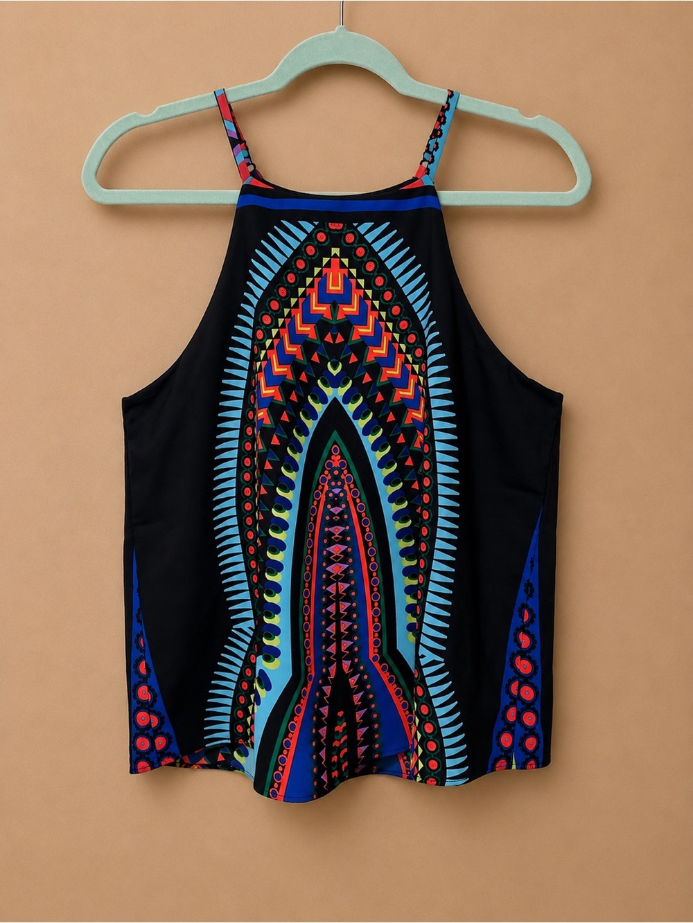 Moa Moa Black Halter Tank with Blue, Red and Green Geometric Print